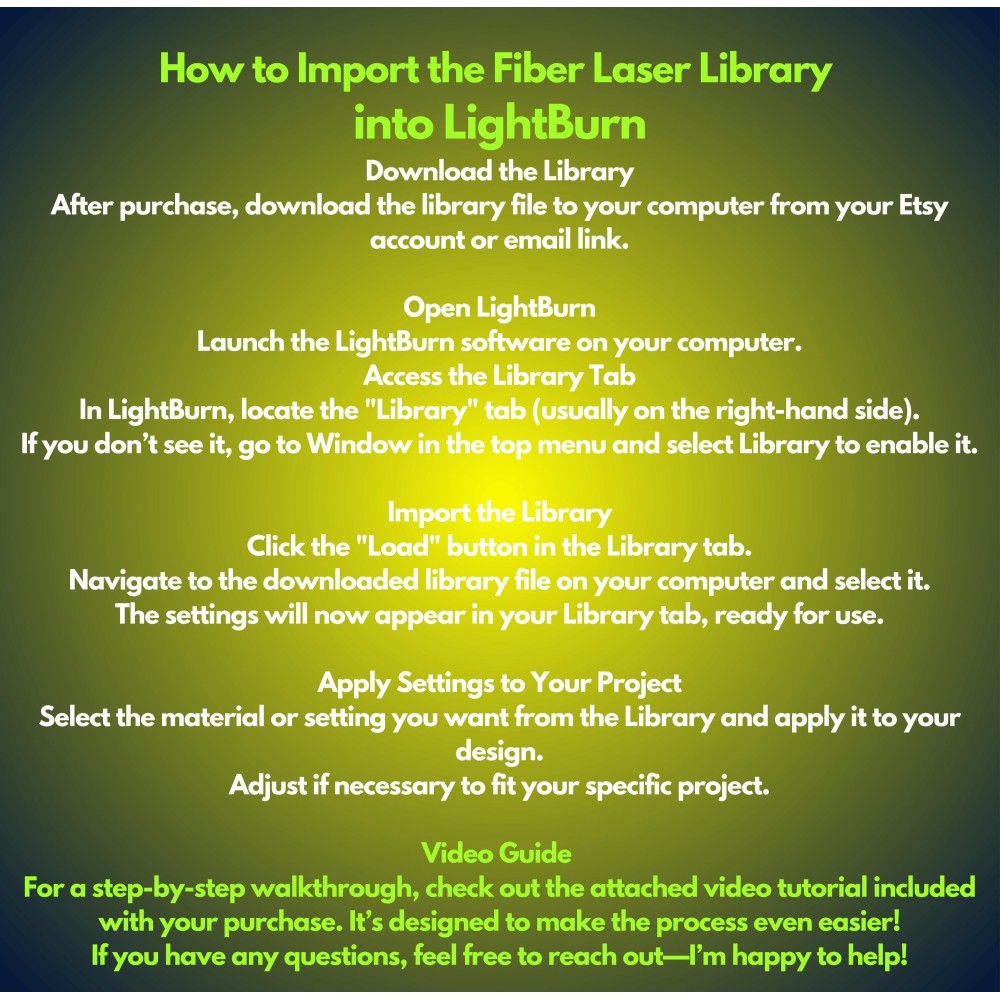 M-T ML50 50W Fiber Laser LightBurn Library -  | 37 Materials + MegaBonus | Easy Setup Materials Settings