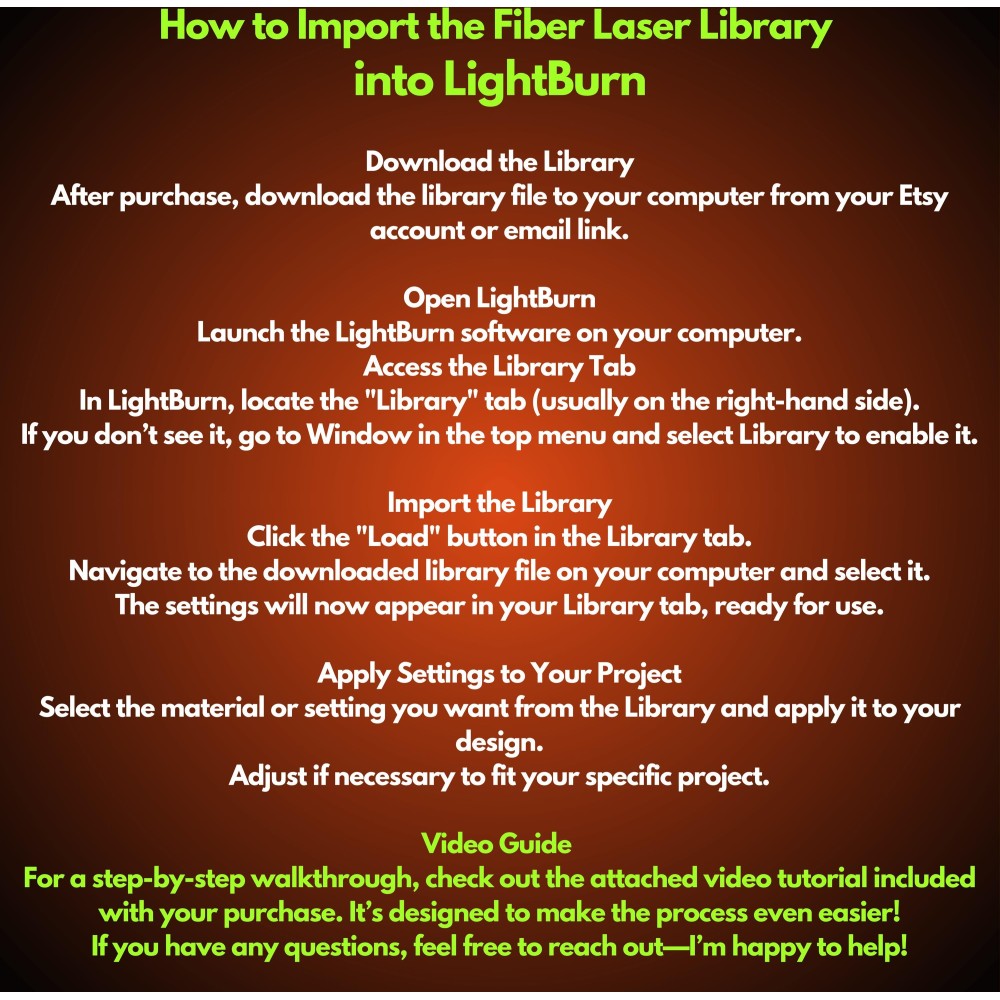MOPA 20W fiber laser LightBurn library preview