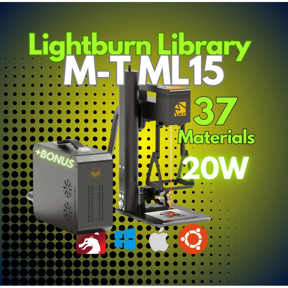 M-T ML15 20W fiber laser with LightBurn library preview
