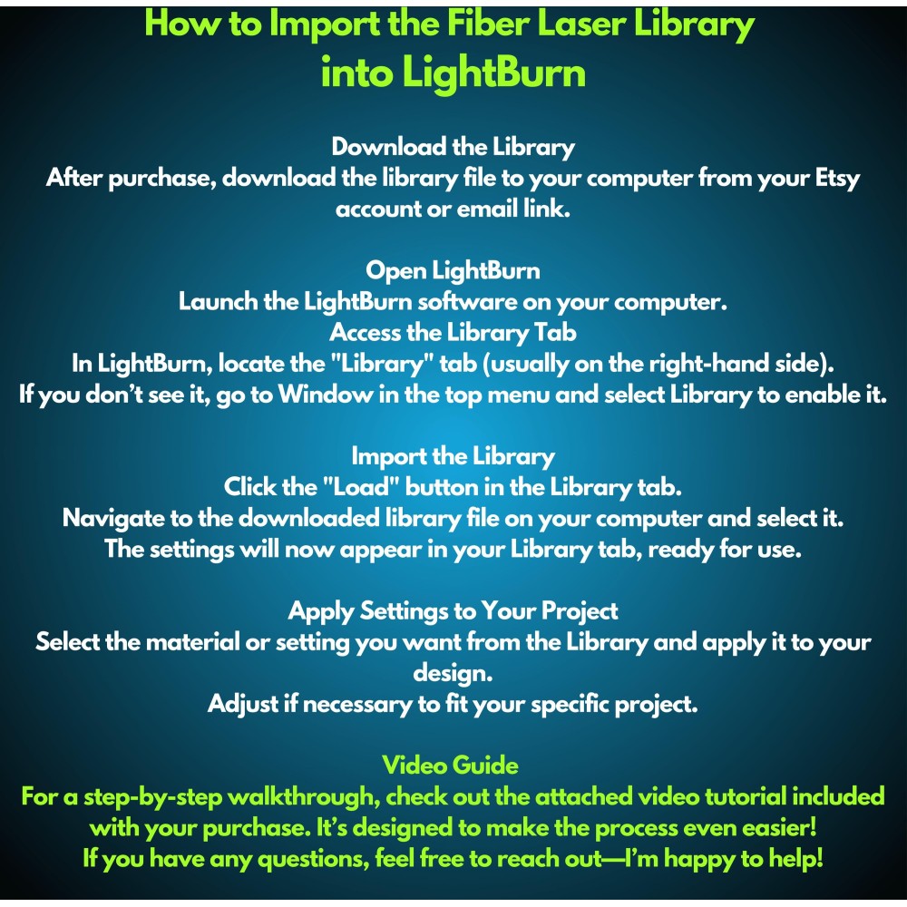 OMTech MOPA 80W fiber laser LightBurn library preview