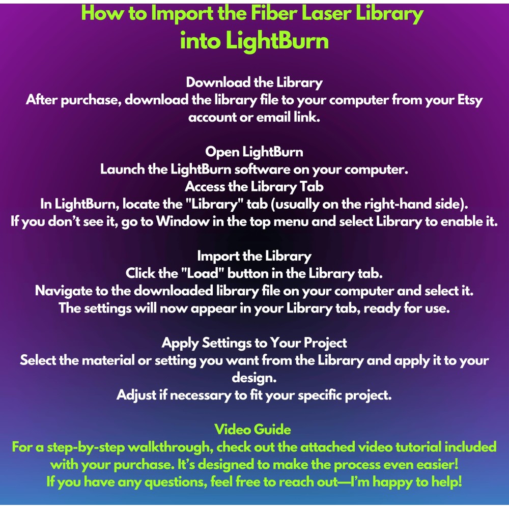 20W Fiber Laser LightBurn Library CLB