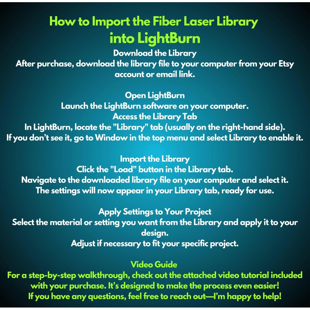 OMTech 20W fiber laser LightBurn library preview