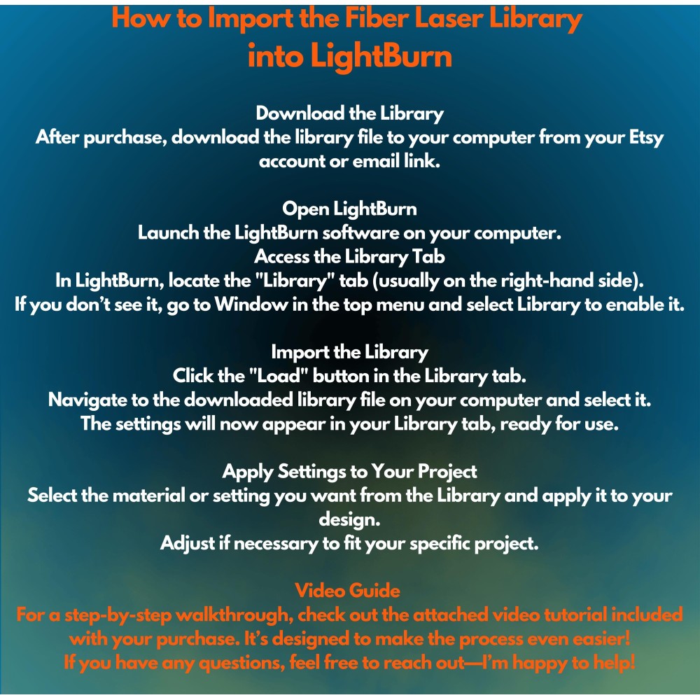 50W Haotian Fiber Laser LightBurn Library - 5 Lenses, 37 Materials (+MegaBonus) | CLB Files for Plug & Play Setup