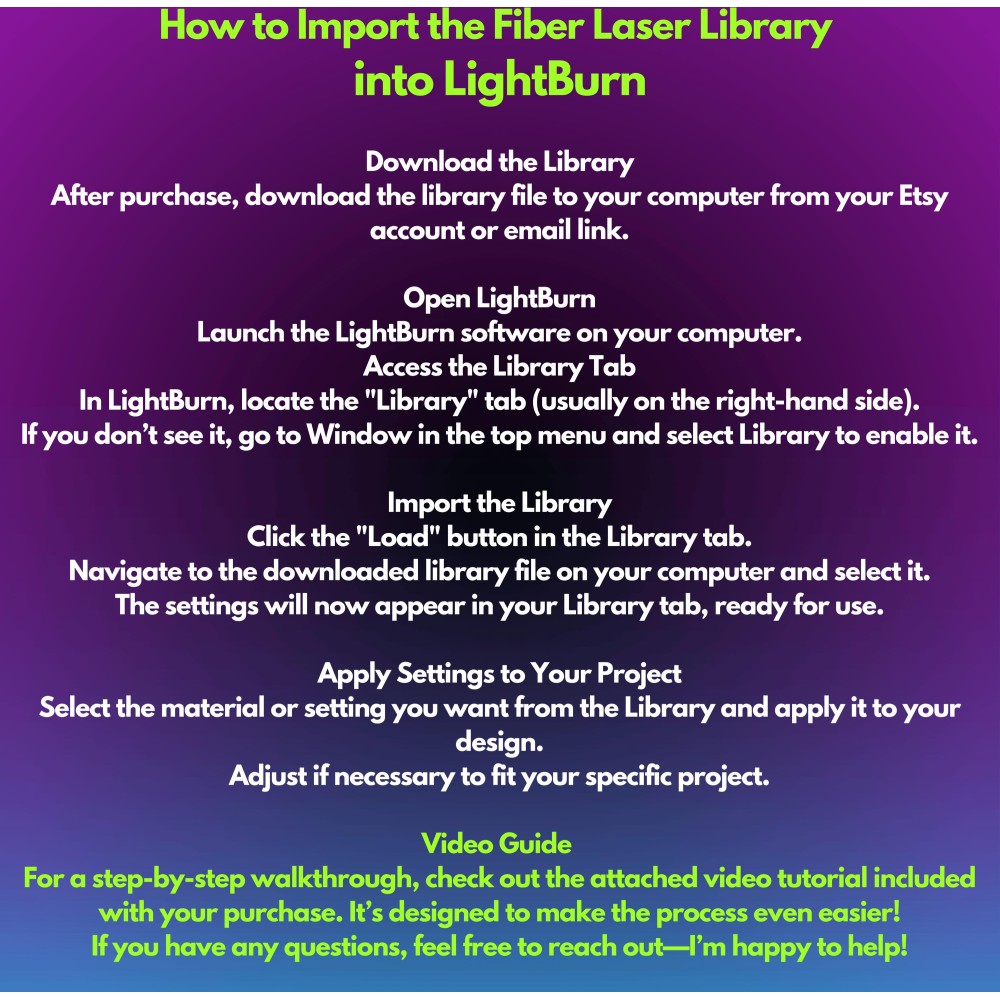 Gweike G2 20W Fiber Laser LightBurn Library -  | 37 Materials + MegaBonus | Easy Setup with 2 Lens Dimensions